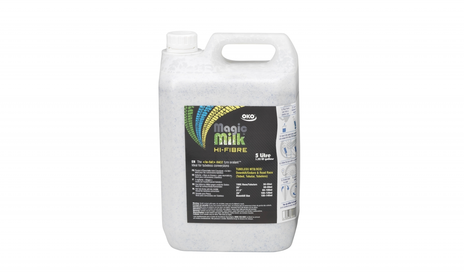 Фото Герметик OKO Magik Milk Hi-fiber Race для камер и бескамерных покрышек 5L (шприц для заливки в комплекте)