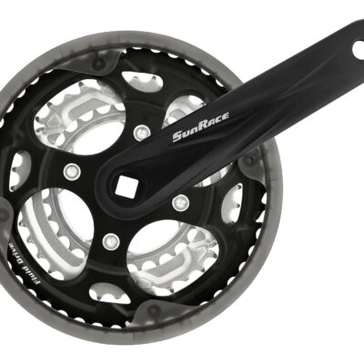 фото - Шатун SUN RACE FCM300 28/38/48T CG (захист ланцюга), під квадрат, L175мм, чорно-сріблястий