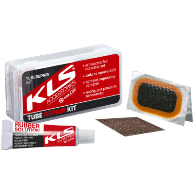 фото - Велоаптечка KLS Repair kit, пластиковий бокс (8 латок, металевий скребок, клей 5 мл, крейда)