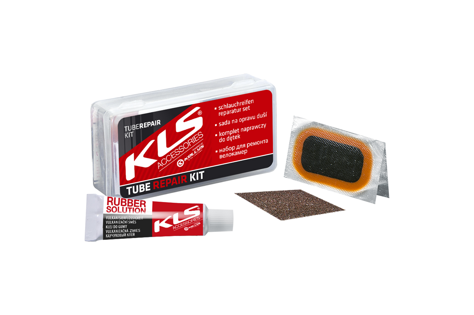 Велоаптечка KLS Repair kit, пластиковий бокс (8 латок, металевий скребок, клей 5 мл, крейда)