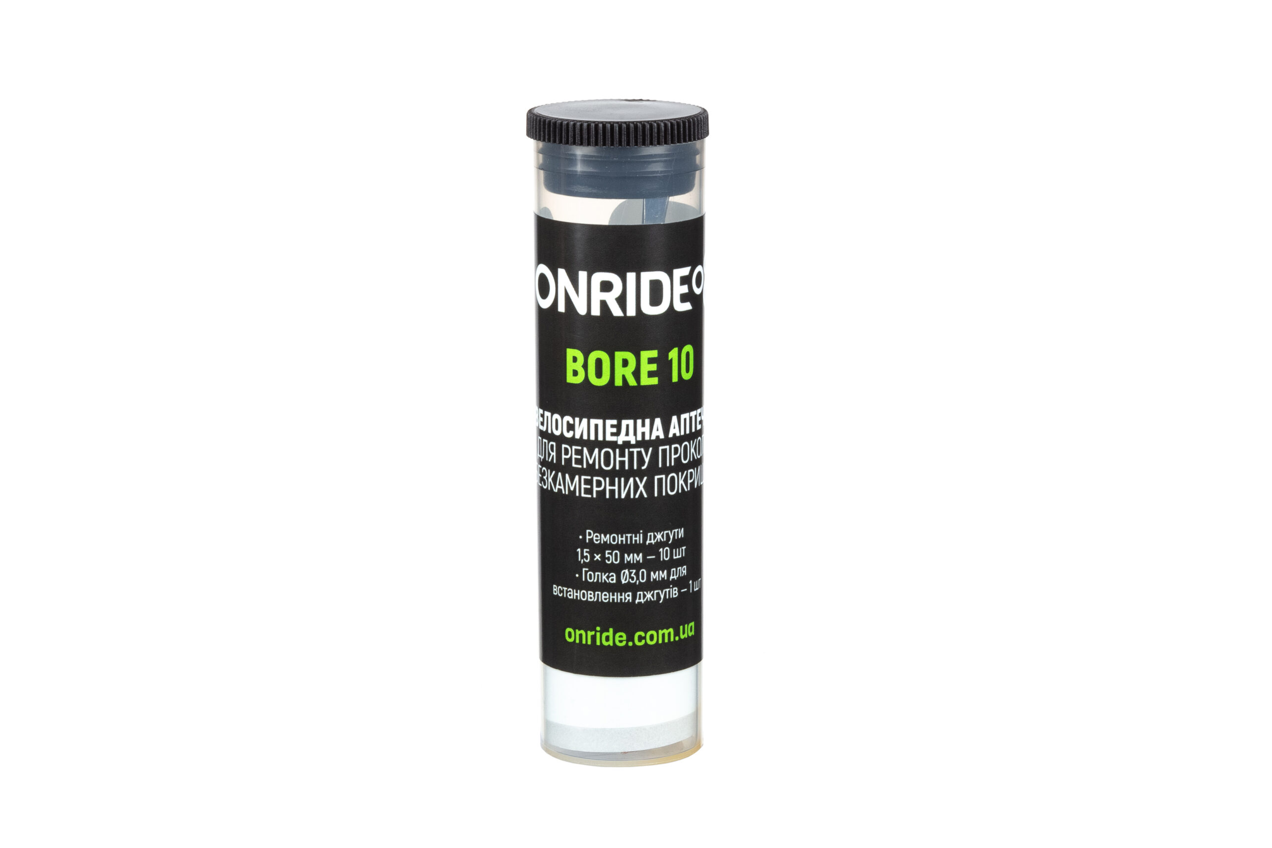 Велоаптечка для безкамерних шин ONRIDE Bore 10 у пластиковому боксі (голка 3 мм, джгути 50 × 1,5 мм — 10 шт.)