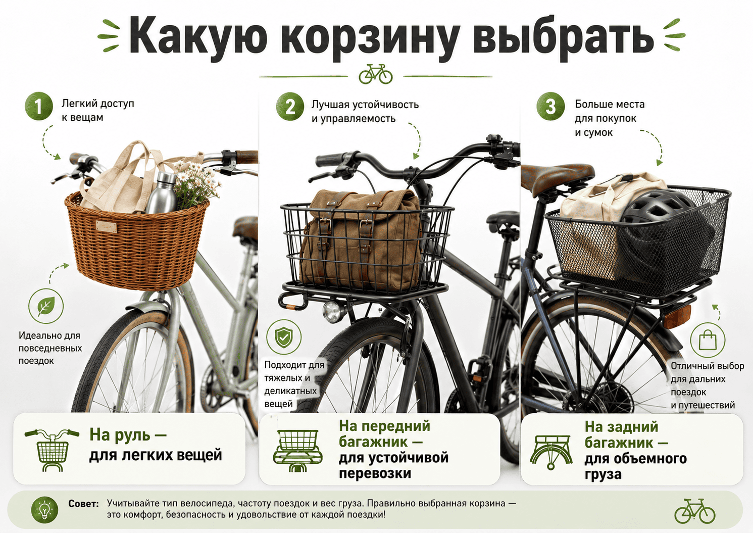 Сравнение корзины на руль, передний и задний багажник велосипеда