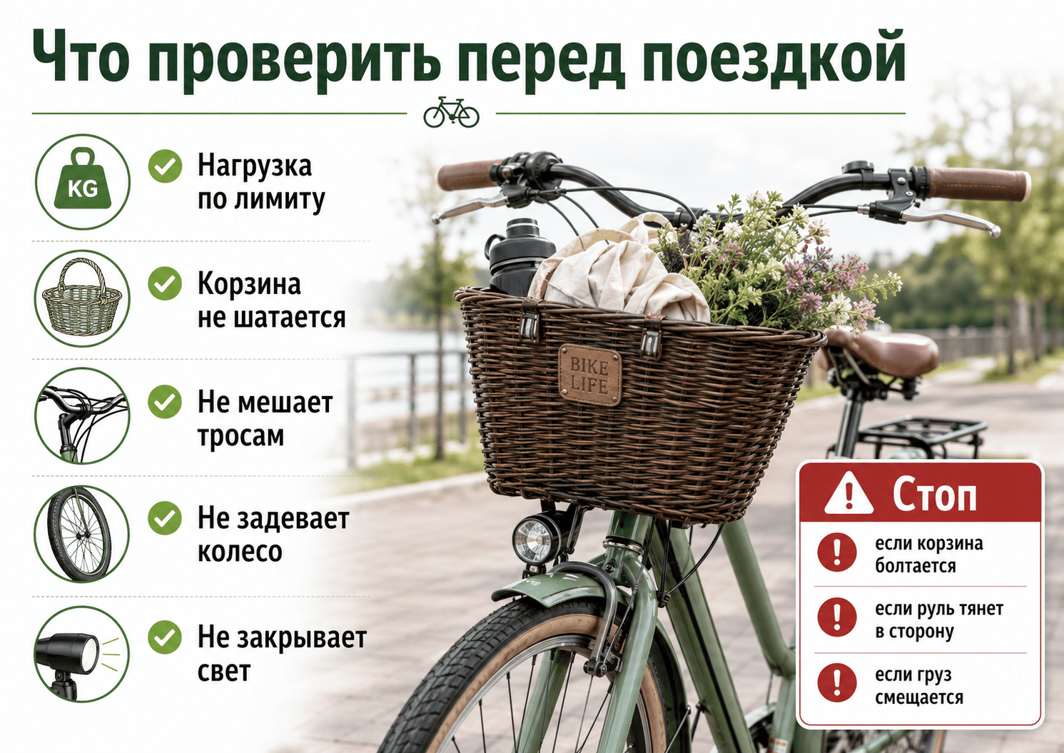 Проверка велосипедной корзины перед поездкой
