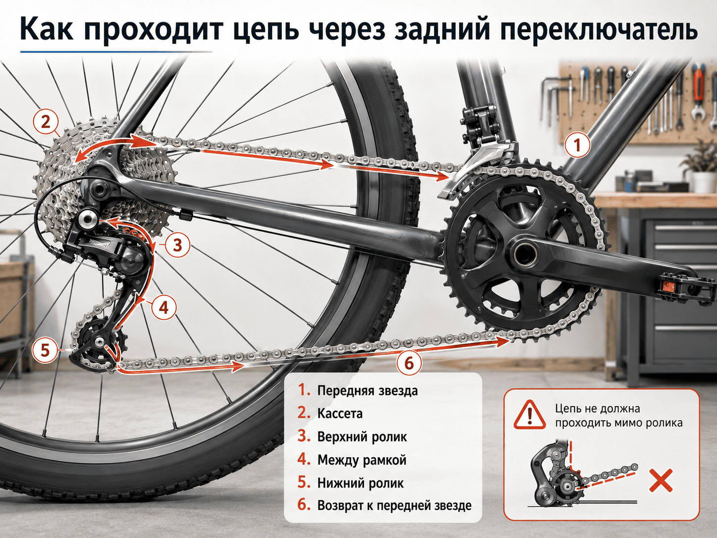 Схема прохождения цепи через задний переключатель велосипеда